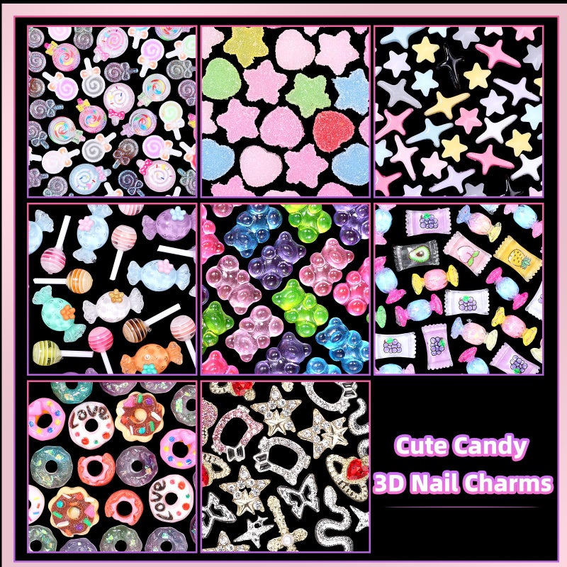CESUSME 3D Mix Nail Charms Kit, Lollipop Nail Art Charms, Color Cute Gummy Bear Donut Star Heart Acrylic Nail Charm, Alloy Cross Star Butterfly Snake Crown Nail Gems Rhinestones Charms DIY Crafts Decor - Image 3